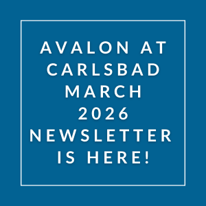 A blue poster announcing the Avalon at Carlsbad March 2026 newsletter.