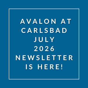 A blue poster announcing the Avalon at Carlsbad July 2026 newsletter.