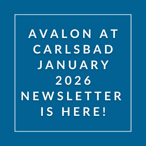 A blue square with white text announcing the Avalon at Carlsbad January 2026 newsletter.
