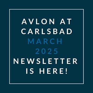 The image is a cover of the Avlon at Carlsbad newsletter for March 2025.