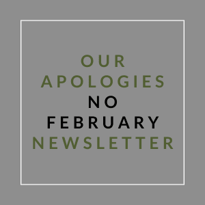A sign that reads "Our Apologies No February Newsletter".