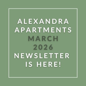 The image is a cover of the Alexandra Apartments March 2026 newsletter.