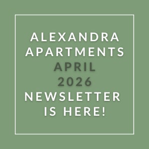 The image is a cover of the Alexandra Apartments April 2026 newsletter.