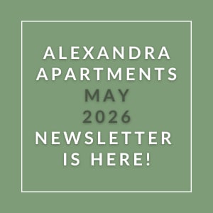 The image is a cover of the Alexandra Apartments April 2026 newsletter.