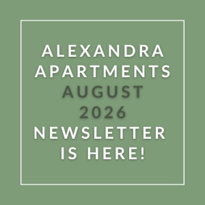 The image is a cover of the Alexandra Apartments August 2026 newsletter.