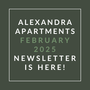 the white text on a green background says apartments february
