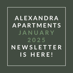 The image displays a newsletter cover for Alexandra Apartments for January 2025.