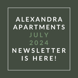 the white words apartments july 2024 newsletter is here on a green