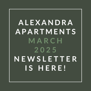 The image is a cover of the Alexandra Apartments March 2025 newsletter.