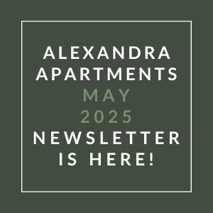 The image is a cover of the Alexandra Apartments April 2025 newsletter.