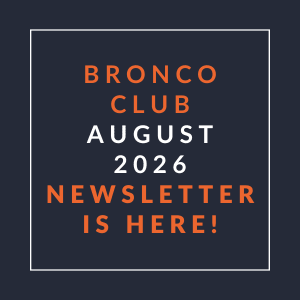 The image is a cover of the Bronco Club August 2026 newsletter.