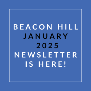 A blue square with white text announcing the Beacon Hill January 2025 Newsletter.