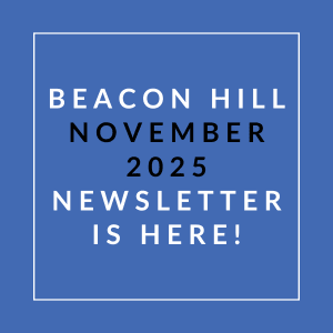 A blue square with white text announcing the Beacon Hill October 2025 Newsletter.