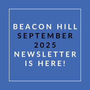 A blue square with white text announcing the Beacon Hill September 2025 Newsletter.