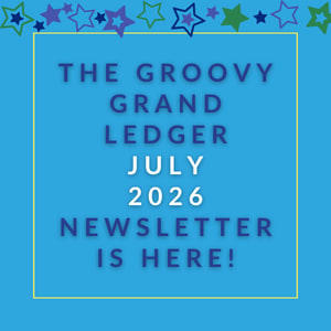 a white frame with a blue background and the words the groovy grand ledger may