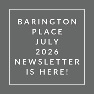 The image is a cover of the Barington Place July 2026 newsletter.