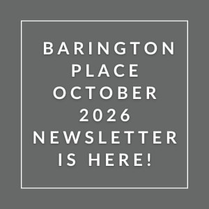 A grayscale image announcing the Barington Place October 2026 newsletter.