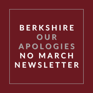 A red newsletter cover with white text that reads "Berkshire Our Apologies No March Newsletter".