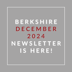 A gray square with red and white text announcing the Berkshire December 2024 newsletter.