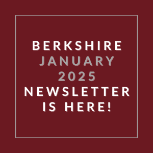 A red square with white text announcing the Berkshire January 2025 Newsletter.