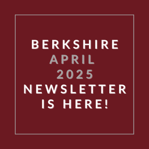 A red square with white text announcing the Berkshire April 2025 Newsletter.