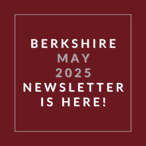 A red square with white text announcing the Berkshire May 2025 newsletter.