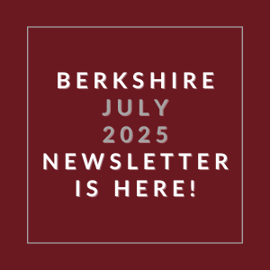 A red square with white text announcing the Berkshire July 2025 newsletter.