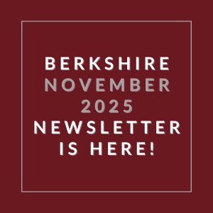 A red square with white text announcing the Berkshire November 2025 Newsletter.