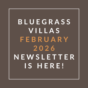 A brown square with white text announcing the Bluegrass Villas February 2026 newsletter.