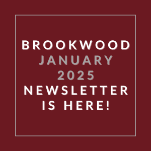 A red square with white text announcing the Brookwood January 2025 Newsletter.