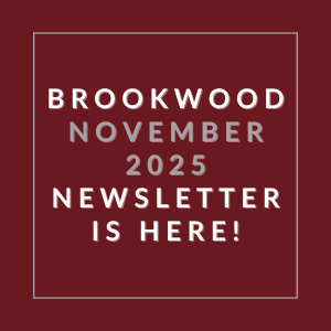 A red square with white text announcing the Brookwood November 2025 newsletter.