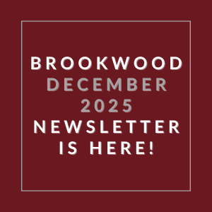 A red square with white text announcing the Brookwood December 2025 Newsletter.