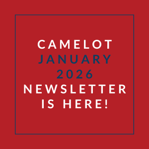 A red square with the text "CAMELOT JANUARY 2026 NEWSLETTER IS HERE!" written in white.