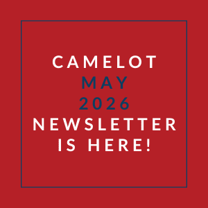 A red square with the text "CAMELOT MAY 2026 NEWSLETTER IS HERE!" in white.