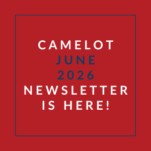A red square with the text "CAMELOT JUNE 2026 NEWSLETTER IS HERE!" written in white.