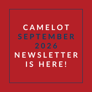 A red square with the text "CAMELOT SEPTEMBER 2026 NEWSLETTER IS HERE!" written in white and blue.