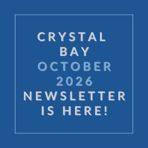 A blue square with white text announcing the Crystal Bay October 2026 newsletter.