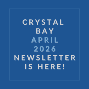 A blue square with white text announcing the Crystal Bay April 2026 newsletter.