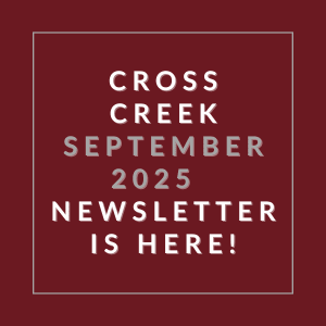 A red square with white text announcing the Cross Creek September 2025 newsletter.