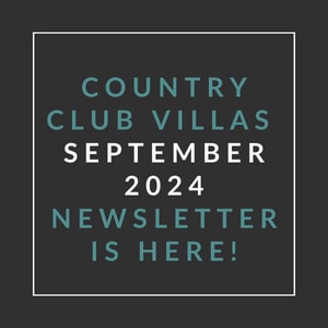 a white frame with the words county club villas september 2024 is here
