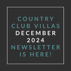 a white frame on a black background with the words county club villas december