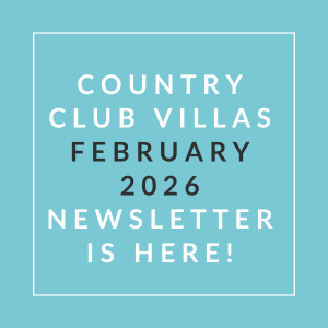 The image is promoting the Country Club Villas February 2026 newsletter.
