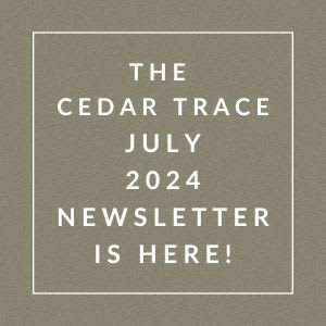 the cedar trace july 2024 newsletter is here brown background with white text