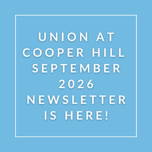 A blue square with white text announcing the Union at Cooper Hill September 2026 newsletter.