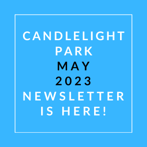 a blue background with a white box with the words candlelight park may 23 newspaper is here