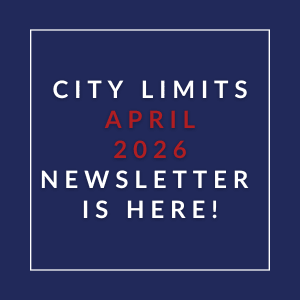 A blue poster announcing the availability of the City Limits April 2026 newsletter.