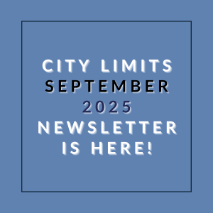 A blue square with white text announcing the availability of the September 2025 City Limits newsletter.