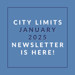 a blue background with the words city limits january 2024 newsletter is here