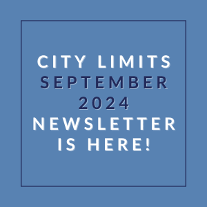 the city limits september 2024 newsletter is here blue background with white text