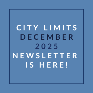 A blue square with white text announcing the City Limits December 2025 Newsletter.